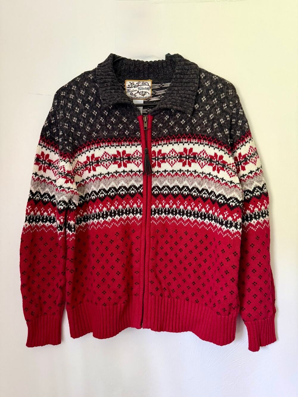 Vintage 90’s Y2K Heirloom Collectibles Red Black Fair Isle Zipper Sweater Medium